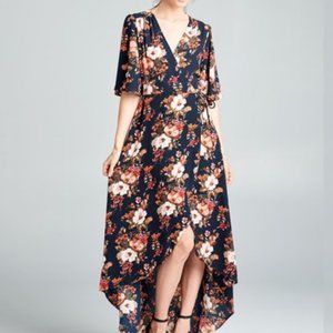 Navy & Orange Floral Tie Waist Maxi Dress